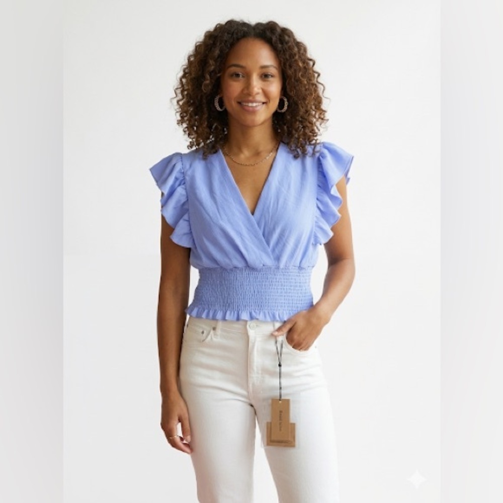 Blue Ruffle Sleeve Surplice Blouse OS Fits Small